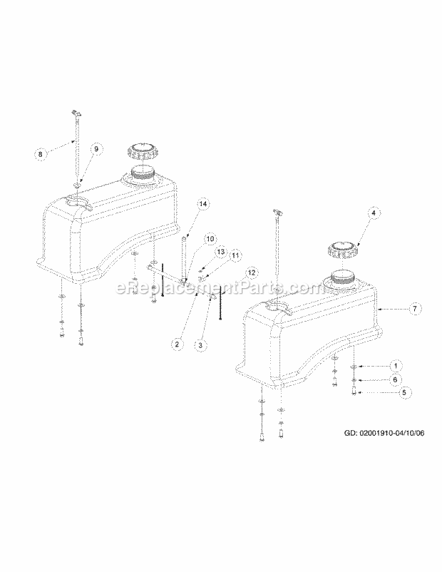 Fuel Tank Assembly Diagram and Parts List for M54-KW 53DB5DBW750-23-HP Cub Cadet Lawn Tractor